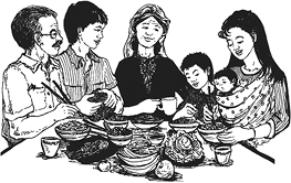 চারজন প্রাপ্তবয়স্ক, একটি কোলের শিশু ও একটি বড় শিশু একসাথে খাবার খাচ্ছে