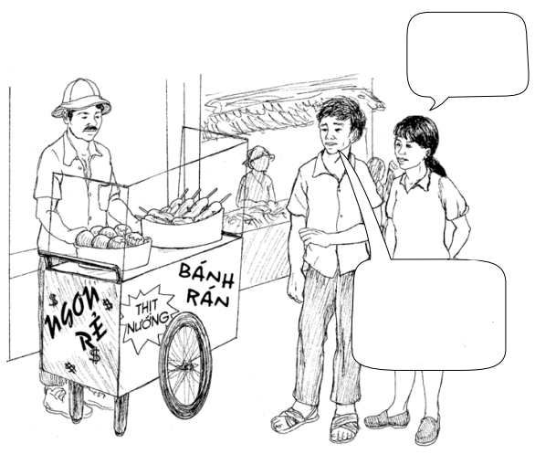  Một người phụ nữ và một người đàn ông nói chuyện khi họ đứng gần một chiếc xe đẩy có dán chữ quảng cáo thịt nướng và bánh rán chiên.
