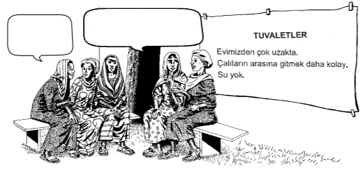  illustration of the below: 5 women gather for a group discussion next to a sign reading, "Toilets too far from my house. Safer to go in the bush. No way to wash."