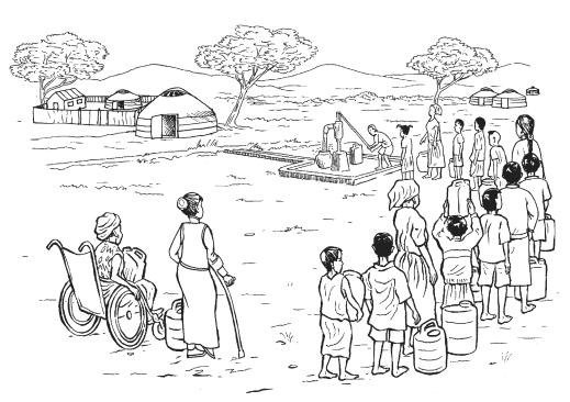 A line of women and children with water containers, one in a wheelchair, wait for a turn at a village pump.