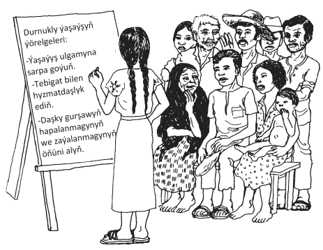 Villagers at a meeting watch as a woman writes on an easel, "Principles for sustainable living: Respect the web of life: Work with nature; Prevent pollution."