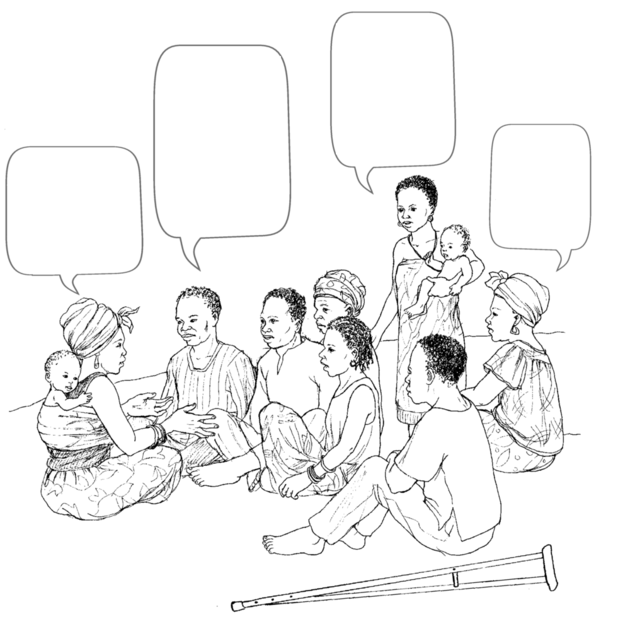 4 adults speaking in a group of men and women.