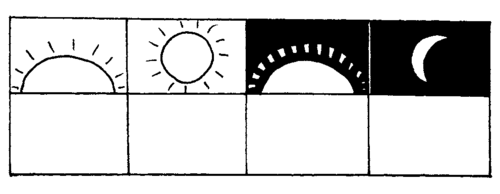 a row of four blank spaces under drawings of the sun rising, the sun fully risen, the sun setting, and the moon