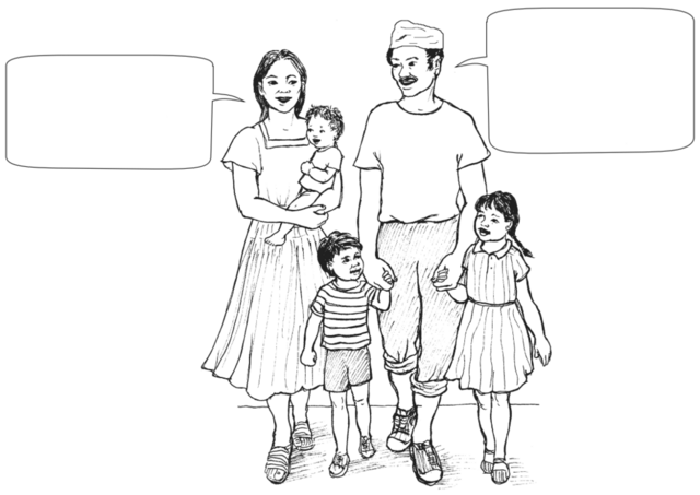 a man and woman with three children speaking