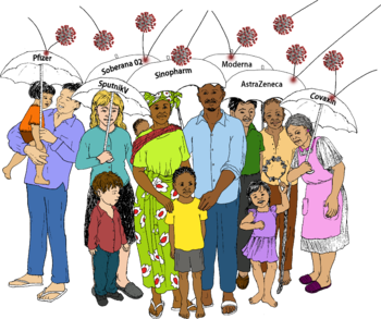 group of adults and children with umbrellas with the names of different vaccines. Coronavirus,  shown as little balls, bounces off the umbrellas without harming the beneath underneath. The umbrellas are labeled: Pfizer, Moderna, AstaZeneca, SputnikV, Sinopharm, Covaxin, Soberana02