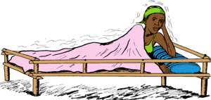 une femme malade, couchée dans un lit, a de la fièvre et des frissons