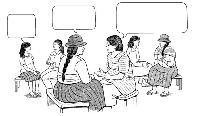 women sitting in pairs where 1 speaks and the other listens.