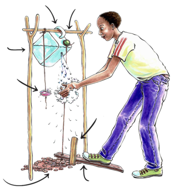  a woman washing hands using a Tippy-Tap with a foot pedal