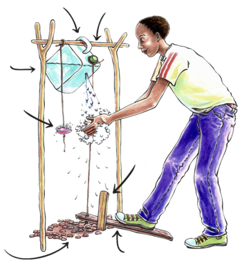 Alt= a woman washing hands using a Tippy-Tap with a foot pedal