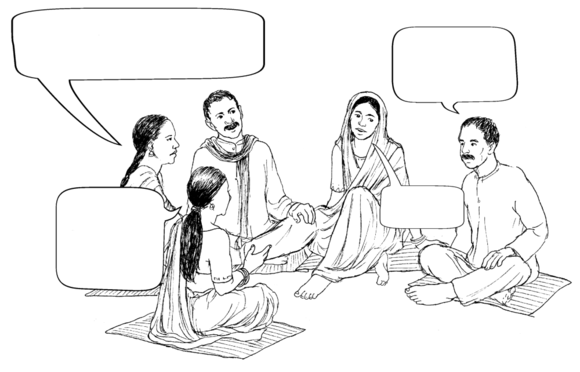 4 people speaking in a group of 5 men and women.