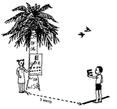 Girl with eye chart on palm tree, boy at a distance carrying a large letter E.