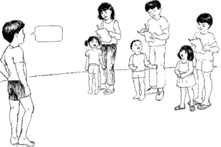 3 small children stand facing an older child; another older child stands behind each small child.