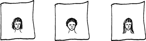 illustration of the above: 3 squares of paper with faces drawn on them.