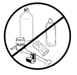 Batteries, a bone, cans and bottles with a line drawn through them.