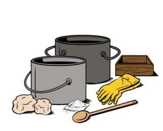 2 pots, wooden spoon, chunks of fat, packet of lye, rubber gloves, and wooden box mold.