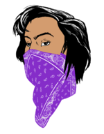 Alt= uma mulher usando um lenço (bandana) sobre a sua boca