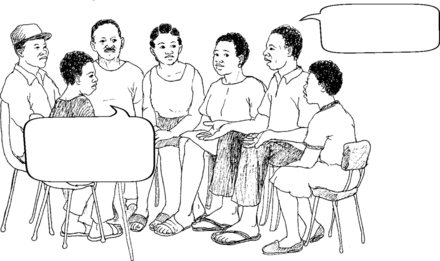 A group of men and women; 2 of them are speaking.