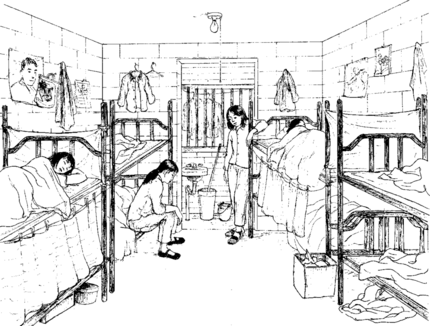 several women in a room with 8 beds and no windows.