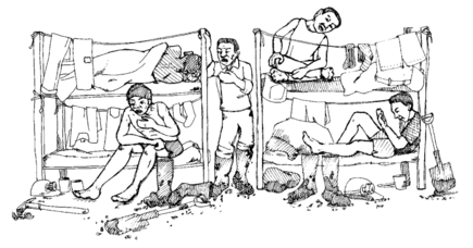 5 men, all coughing, in a small cramped room with bunk beds. Clothes hang on string tied to beds. Dirty boots and tools are on the floor.