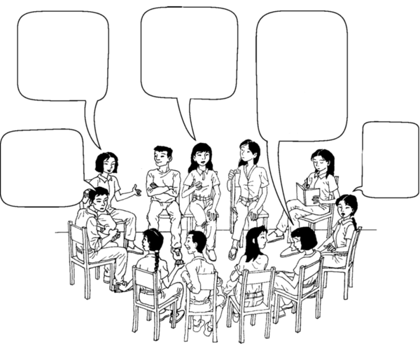 5 people speaking in a large group.