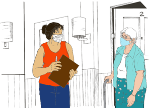 une femme âgée portant un masque écoute, devant sa porte ouverte, une autre femme qui porte aussi un masque et tient un écritoire à pince.