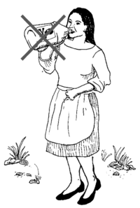 Illustration of the below:A woman drinks from a container labelled with a skull and crossbones which has been crossed out with a large x.