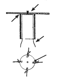 Short pole attached to rectangular object, circle with four equidistant holes in outer rim, with wires attached.