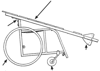 Side-view drawing of wheelchair with lying board on top.