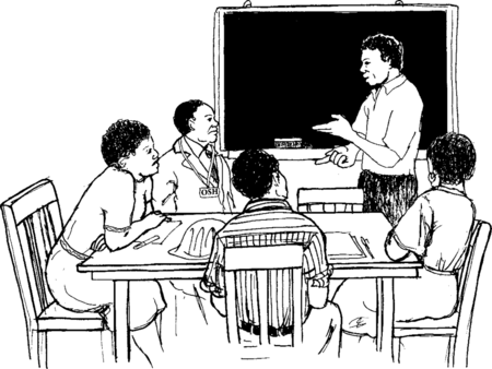 an OSH professional meeting with a group of workers; one of them points to a list on a blackboard.