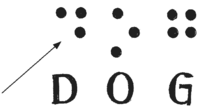 Braille patterns for the letters 'd', 'o', and 'g'.