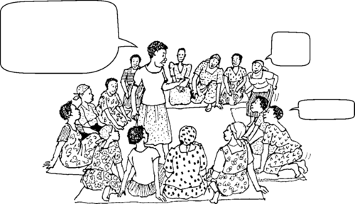 in a large group of women, one of them reads from a card while 2 others shout the answer.