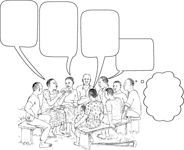 a woman asking a question in a group; 3 people answer aloud and the last man thinks to himself.