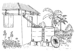 Illustration of the below: Gutters hanging from the roof of a house channel runoff into containers.