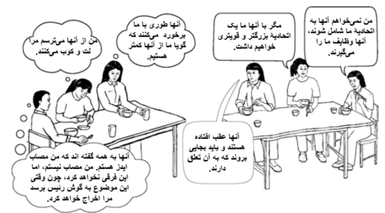 3 people talking at a table in a lunchroom while 3 others sit quietly thinking at another table.