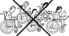 Five children in wheelchairs sitting and writing, crossed off with a large X.