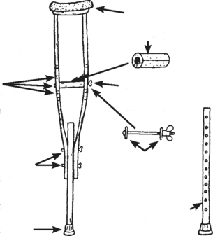 different components of an adjustable wooden crutch.