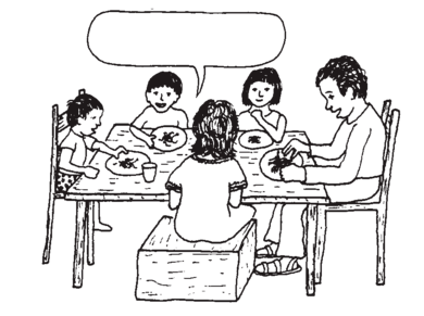 Pepe habla mientras la familia se sienta a la mesa y come.