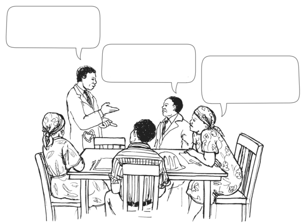 five people speaking together